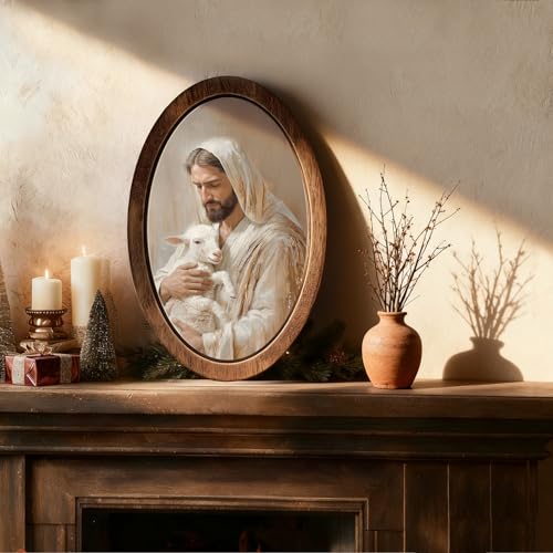 YZSLA Christian Wall Art Decor, Jesus and Lamb Rustic Framed Oval Wall Art Jesus-6