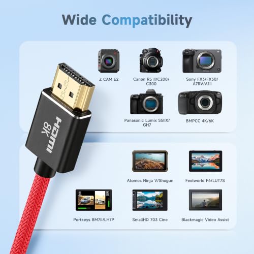 Uonecn HDMI 2.1 Cable for Camera, Ultra HD 48Gbps 8K Braided Coiled HDMI for Atomos Ninja V, Portkeys BM5, Short HDMI Cable for Sony A7iv, Z‑CAM F6, Z‑Cam E2 Pro Cameras, Red, Left Angle‑Straight Straight to Left Angle