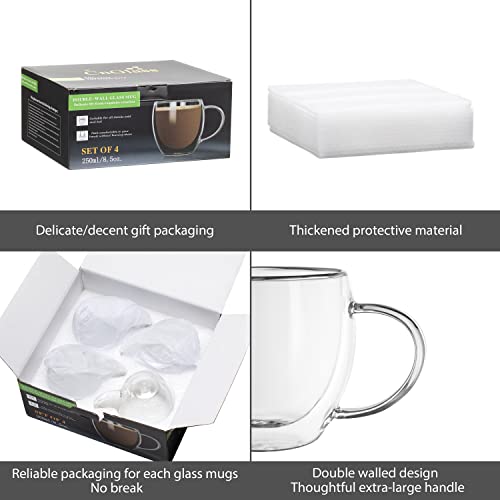 CNGLASS 8.5oz Glass Coffee Mug,Double Wall Insulated Glass Mugs with Handle,Clear Espresso Mugs for Latte,Cappuccino,Tea Bag,Set of 4 8.5oz(4-pack)