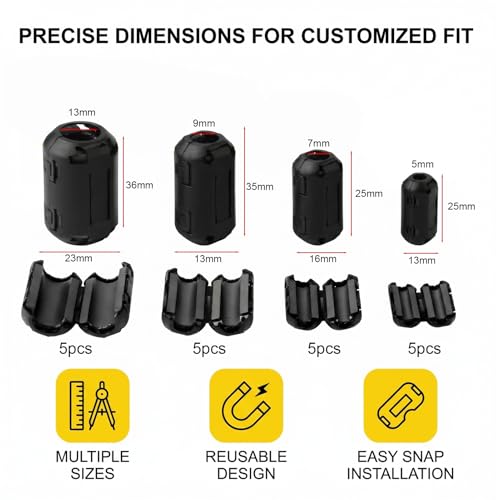 Ferrite Cores for Cables, Ferrite Core Clip Set, Rfi-EMI Noise Reduction Cable Clip, with 5-13 mm Inner Diameter, Ferrite Core, for USB Cable, Audio and Video Cable, Power Cable, with Storage Box