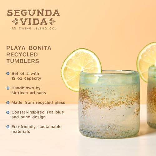 Segunda Vida Playa Bonita Hand-Blown Tumblers, Recycled Drinking Glasses, Coastal Inspired Sea Blue and Sand Design, Mexican Glassware, Decorative Drinkware for Home Bars, 10 oz, Set of 2 Modern