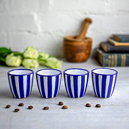 City to Cottage Ceramic Espresso Cups of 4, Small Expresso Shots, Demitasse, Perfect for Espresso Machine, Handcrafted Cups (Navy Blue Stripe Coastal)