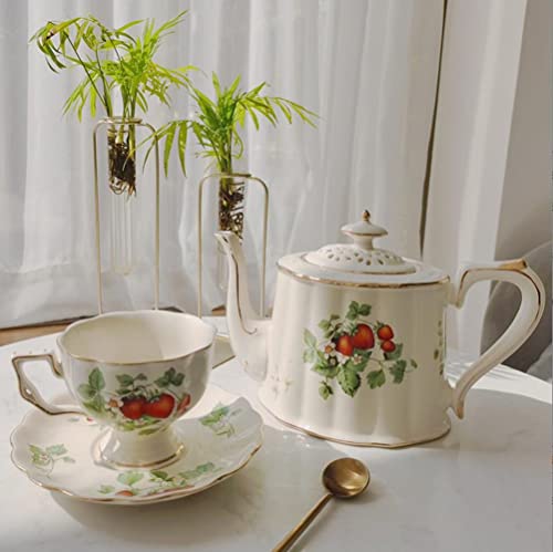 Retro Coffee Mug Sets, Ceramic Espresso Cups with Saucers, Drinks Cocoa Latte Cup Porcelain Tea Pot Gift Sets for French Restaurant Bar, Floral Design (1X Strawberry pot) 1x Strawberry Pot