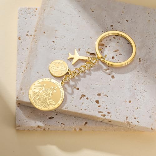 Dreamtimes St. Christopher Keychain for Men Women Airplane Key Ring Map Stainless Steel Keychains Good Luck for Travel Lovers Gold
