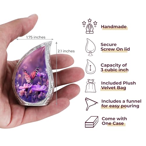 Trupoint Memorials Small Urns for Human Ashes Keepsake, Decorative Mini Cremation Urn for Adult Men & Women – Small, Purple Blue Butterfly Teardrop Purple Butterfly