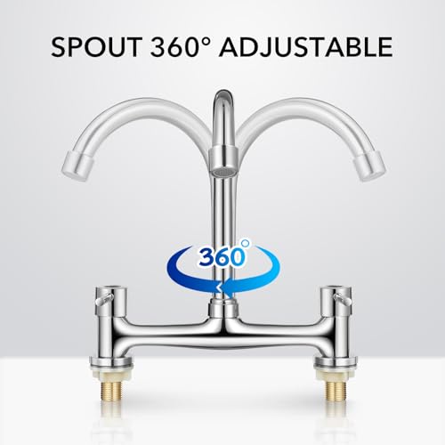 Housoutil Kitchen Tap 2 Hole Mixer Dual Handle Basin Faucet for Kitchen Sink and Bathroom Vanity Hot and Cold Water Control Rotating Spout 11.61 X 9.45 X 1.57 in
