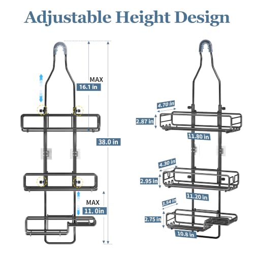 Skyapex Shower Caddy Hanging Bathroom Organizer: Over Head Adjustable Rack for Tall Showerhead - Extra Large Storage Shelf for Big Shampoo Bottles with Soap Holder Black