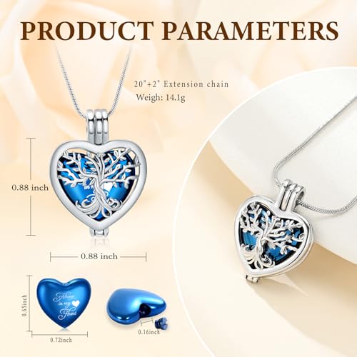 Cremation Jewelry Tree of Life Heart Urn Necklace for Human Ashes for Women Men Always in My Heart Memorial Ashes Keepsake Pendant Blue