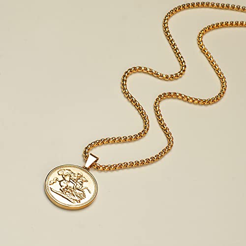 St. George Dragon Slayer Pendant with Solid Chain Stainless Steel Gold Sovereign Coin Necklace for Men/Women 60cm