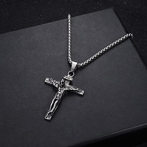 JeweBella Cross Necklace for Men Women Stainless Steel Jesus Crucifix Cross Pendant Venetian Chain 61 CM Silver/Gold/Black Religious Jewellery Gift A:Silver