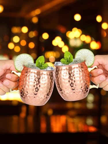 Moscow Mule Mugs Set of 2, 16 oz Hammered Copper Cups with Gold Brass Handles, Large Capacity Cups Gifts Perfect for Cold Drinks, Beer, Cocktail, Wine, Bars(16oz) (Pack of 2) 16oz (Pack of 2)