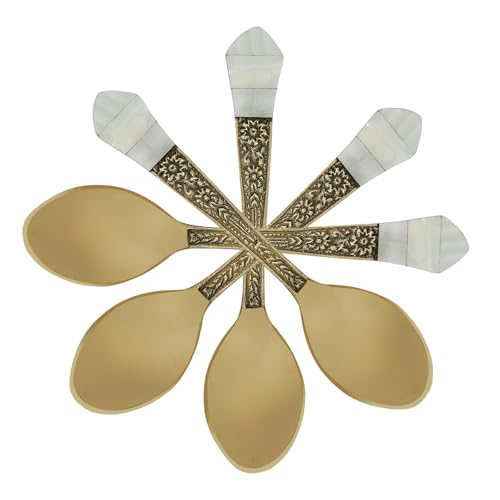 Luxury Teaspoons Antique Brass and Mother of Pearl Inlaid Spoon Set of 6, Small Mixing Sugar Dessert Spoons Brass Tableware