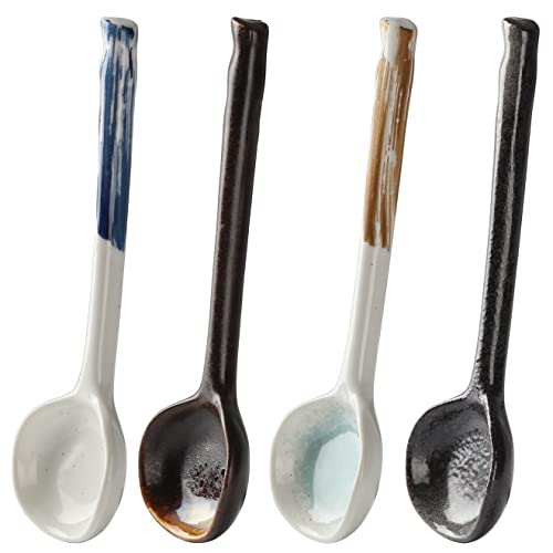 Set of four Evannt ceramic Japanese ramen soup spoons with traditional Asian style, perfect for Asian noodle soups.