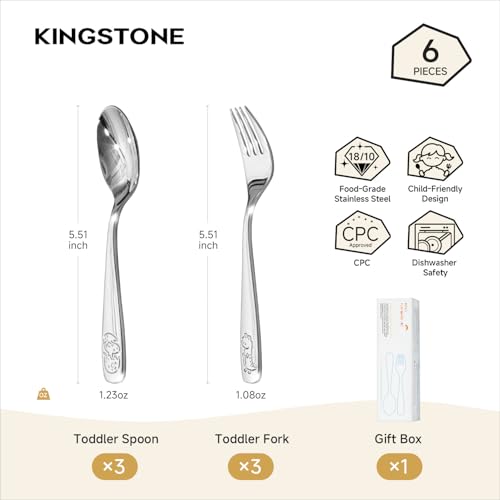 KINGSTONE 6 Pieces Toddler Utensils Set, 18/10 Stainless Steel, Dinosaur Cute Dinosaur 6-Piece (Small)