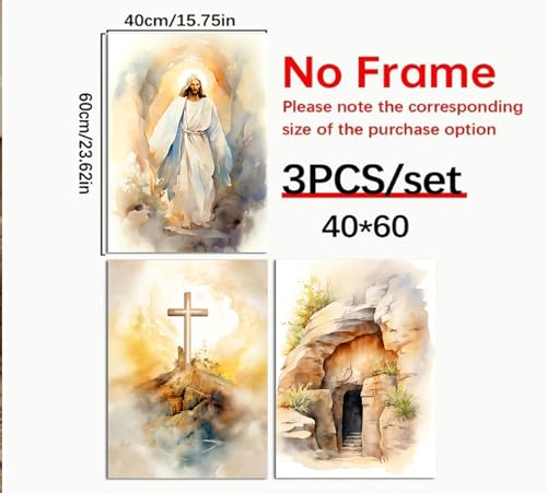 3Pcs Jesus Canvas Wall Art Bible Stories Wall Decor God Resurrection Ascension Painting Pictures Empty Tomb Cross Poster Prints for Bedroom Prayer Room Church Easter Home Decoration 16X24 16x24in