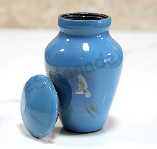 Esplanade Metal Mini Cremation Urn Keepsake Memorial Jar Pot Container |Small Urn for Funeral Ashes Burial | White Pigeon Printed Keepsake | Blue - 3" Inches