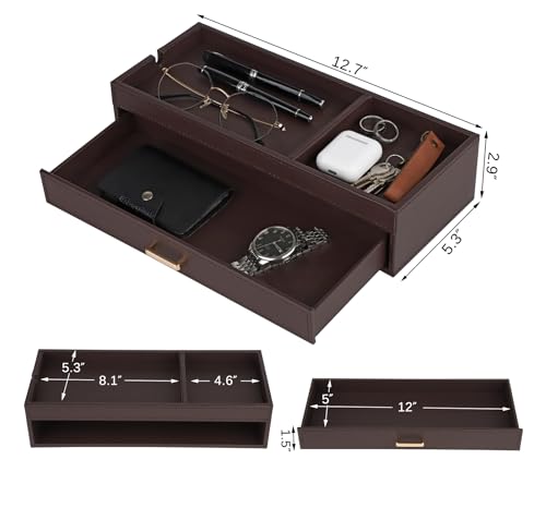 HofferRuffer Valet Jewelry Tray Organizer with Drawer, Faux Leather Storage Catchall Box Phone Charging Station Tray with Dresser Nightstand Desktop Drawer Organizer (Dark Brown) Dark Brown