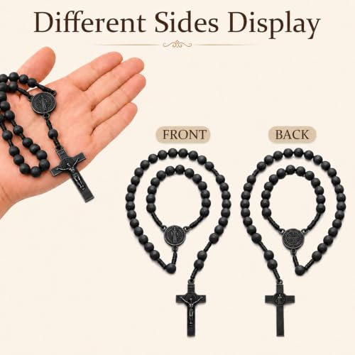 Catholic Rosary Beads Necklace, Natural Wooden Rosary with Medal Cross Jesus Christ Saint Benedict for Prayer Baptism Black