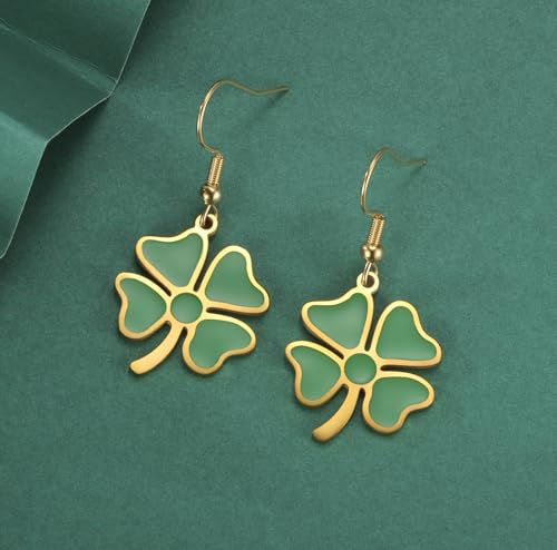 Four Leaf Clover Earrings Green Shamrock Drop Dangle Earrings Good Lucky Charm Friendship Jewelry St Patricks Day Accessories Irish Gift for Women gold