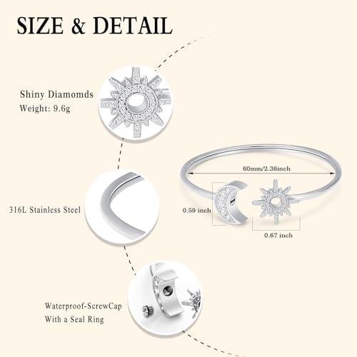 Oinsi Sun Moon Crescent Cuff Urn Bracelet Mental Bangle for Ashes Keepsake Opening Bracelet for Women and Men Urn to Hold Ashes for Love one Silver