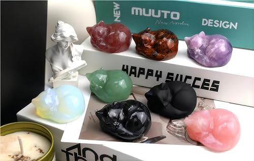 QINJIEJIE 2" Black Obsidian Cat Decor Figurines Healing Gemstone Matte Sleeping Cat Hand Carved Polished Stone Cute Kitten Statue Decor Reiki Sculpture Home Office Desk Decor