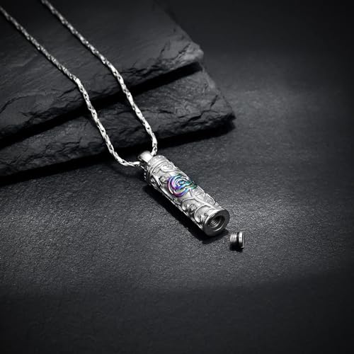 Rose Flower Urn Necklace Cylinder Bar Urn Necklace for Ashes Pendant Necklace Keepsake for Ashes Memory Keepsake Cremation Jewelry for Women Memorial Rainbow