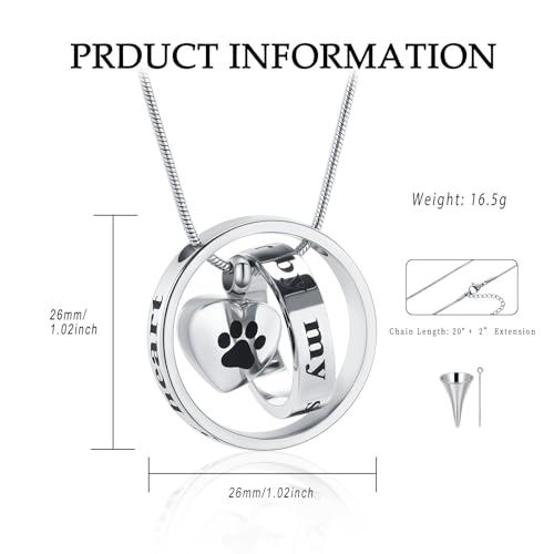 Cremation Urn Neckalce for Ashes for Dog/Cat,Forever in My Heart,No Longer by My Side,Funeral Keepsake Urn Necklace Paw Print Memorial Necklace (C) Silver