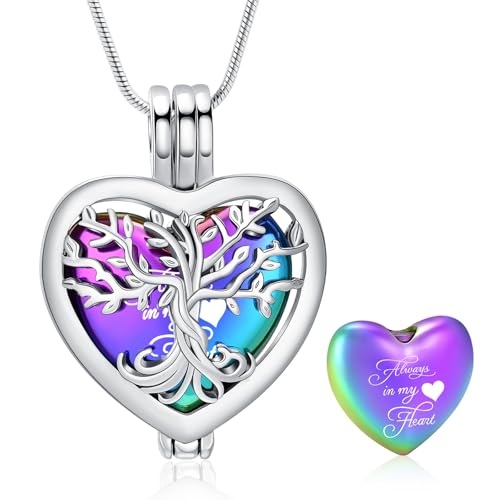 Tree of Life Cremation Jewelry for Men Women - 2 Pcs Cylinder & Heart Urn Necklaces for Ashes Stainless Steel Memorial Keepsake Pendant for Human Pet Ashes Rainbow