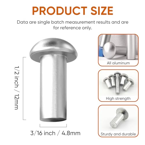 ALLCLEAN 3/16 x 1/2 inch solid aluminum brazier head boat rivets, round dome head, pack of 150