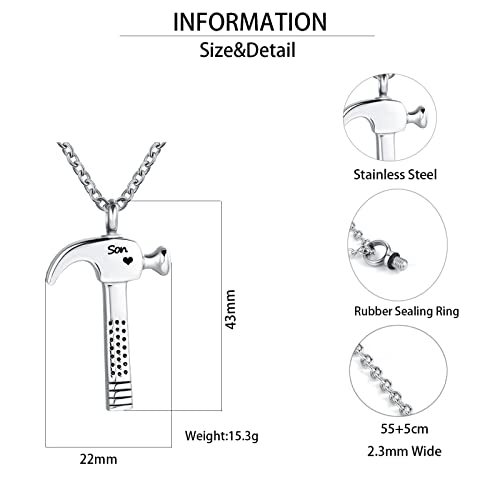 YSAHan Hammer Shape Cremation Urn Necklace Ashes Memorial Pendant Stainless Steel Locket Keepsake Jewelry for Dad Mom Grandpa