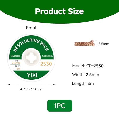 Desoldering Braid, 2.5 mm x 3.0 m, Copper Desoldering Wire, No-Clean Desoldering Wire, Copper Wire Desoldering Wick for Removing Solder and Disassembling Electrical Components, High Thermal