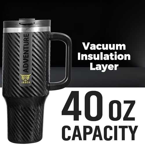 IROCA Adventure 40oz Tumbler with Handle & Straw – Leakproof, Hot 08h / Cold 60h, Food-Grade Stainless Steel, Black Carbon Fiber Finish.
