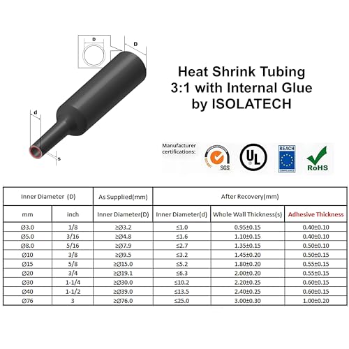 Assorted Heat Shrink Tubing 4:1 with Adhesive Transparent Clear Diameter and lengths of ISOLATECH Length: 10 Ft (3 M) Ø1 inch (24mm)