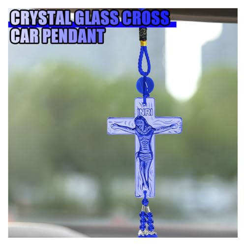 Jesus Crucifix Cross Car Rear View Mirror Charm, Religious INRI Cross Pendant Car Rearview Mirror Hanging Decoration, Auto Interior Ornament with Tassel for Men Women (Blue) Blue
