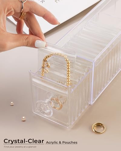 HOMEHIVE Clear Acrylic Jewelry Organizer Box with 20 Portable Pouches, Jewelry Storage Case for Women Girls, Tangle-Free, Anti-Tarnish, Compact Storage for Necklaces/Earrings/Rings, Upgraded Clear Upgraded Clear Jewelry Box
