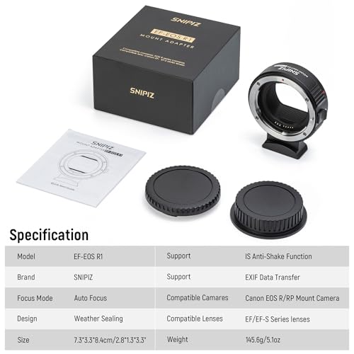 EF-EOS R Mount Adapter Auto-Focus Lens Mount Adapter Converter Ring Compatible with Canon EF/EF-S Series Lens to EOS R, RP, R3, R5, R6, R6II, R7, R8, R10, R50, R100 Cameras EF-EOS R1