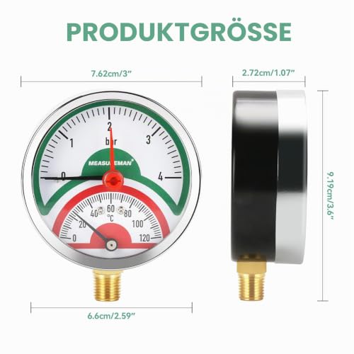 Thermal Pressure Gauge, 3 Inch Dial, 0-4 Bar/120°C, Black Steel Case, G1/2 Under-Connection