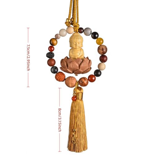 Traditional Chinese Fengshui Boxwood Buddha with Lotus Statue, Car Rearview Mirror Pendant, Lucky Protection Amulet, Home Hanging Ornament Decor (Yellow) Yellow