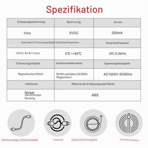 Heschen M8 Proximity Sensor Switch, LJ8A3-1-Z/BX-DC5V, 5V DC 200mA NPN NO, 1mm Detection Distance, Magnetic Metal Detector, 8mm Mounting Hole, 120cm Cable, IP67 Protection