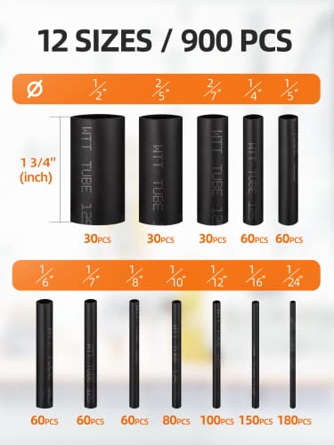 Eventronic Heat Shrink Tubing Set 900 Pieces 12 Sizes 1-12.7 mm 45 mm Black | Heat Shrink Tubing IP56 Water Protection Black 45mm Long 12 Sizes from 1-12.7mm for Cable Protection, Repair and Insulation 900 Pezzi, 45mm, Nero