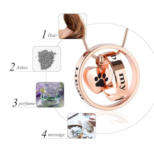 Paw Print Cremation Jewellery for Pet Ashes Urn Necklace for Cat/Dog Ashes Funeral Keepsake Urn Necklace Paw Print Memorial Necklace Forever in My Heart,No Longer by My Side Rose gold