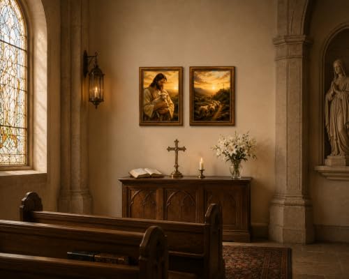 2Pc Framed Christian Shepherd Wall Art 16x24 Set Living Room Church 16x24in
