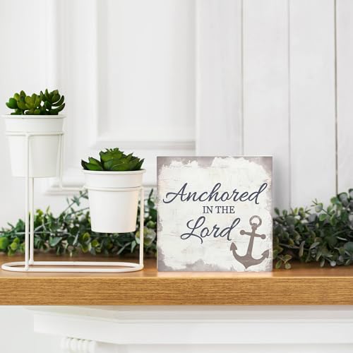 Nautical Wooden Sign 5x5 - Nautical Decor, Anchor Wood Sign for Home Bathroom Nursery, Anchored in the Lord