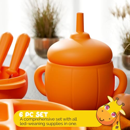 Kids Dinnerware set by Muqee Peeko for Infant Feeding BLW Supplies and Toddler Dishes (6 Piece Set) Pumpkin Patch