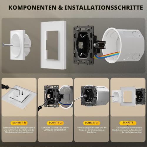 Schuko Socket Flush-Mounted EU Standard, 86 x 157 mm Wall Socket 16 A with Glass Frame, Easy Installation, Folding Claws, Type F Double Socket with Earth, 2-Way, White 2 outlets
