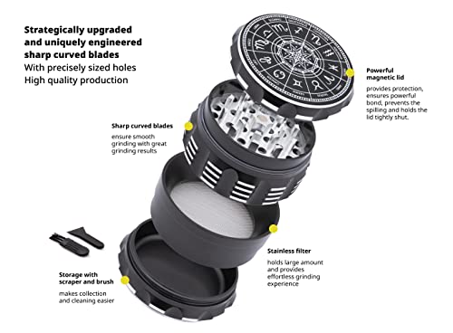 MYSTE Herb Grinder 63 mm Large with Improved Sharpest Teeth, 4 Pieces with Scraper, Magnetic Lid, Premium Spice Mill, Cruncher, Gift Packaging (MYSTE Grinder) Black