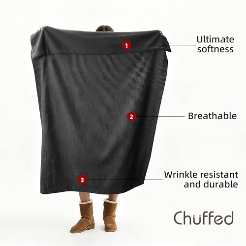 CHUFFED Cotton Waffle Blanket Throw Size - Plush Milk Velvet & Reversible Waffle Weave,Anti-Static 500Gsm Design，Thick Cozy Soft Winter Blanket for Bed, Couch, Sofa - Dark Grey, 50x70 Inches Throw XL