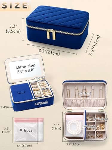Velvet Travel Jewelry Organizer Case with Large Mirror for Women Navy Blue
