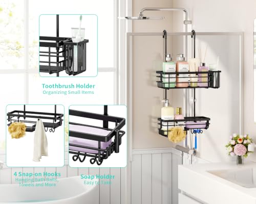 HapiRm Hanging Shower Caddy – For Renters & Small Bathrooms, Fits Shower Curtain Rods, No Drilling, 2 Rustproof 304 Shelves, 4 Hooks, and a Detachable Toothbrush Holder You Can Rinse - Black