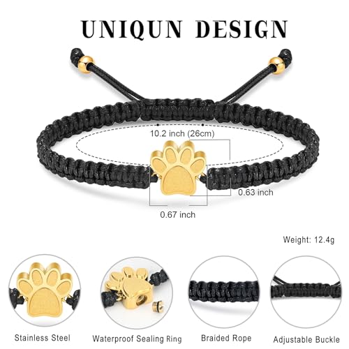 Paw Print Cremation Urns Bracelet for Ashes Adjustable Braided Rope Keepsake Bangle Jewelry for Women Men Memorial Bracelet for Dog Cat Gold